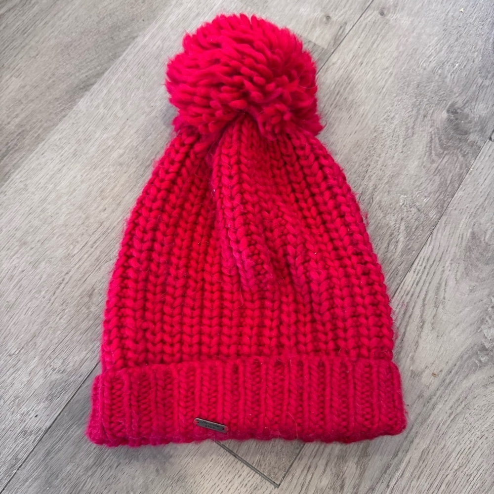 Abercrombie & Fitch Red Cuffed Chunky Knitted Pom-Pom Beanie Acrylic Winter Hat - Picture 3 of 5